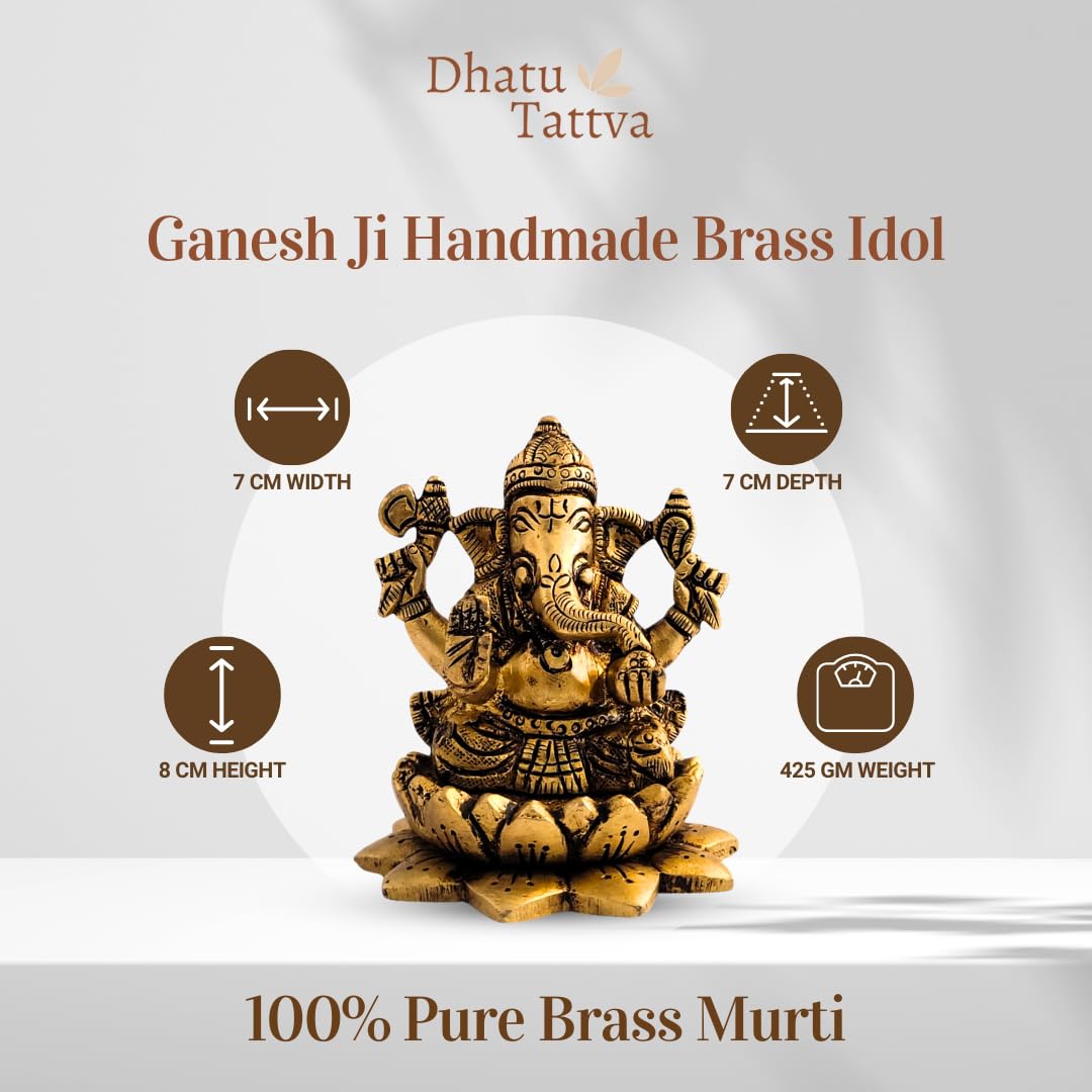 Dhatu Tattva 100% Pure Brass Ganesh Ji Idol | Ganpati Murti for Home Temple, Office, Car Dashboard & Gift | Vastu & Feng Shui Ganesh Statue | Hindu God Idol for Prosperity & Success (7x7x8 cm, 425g)