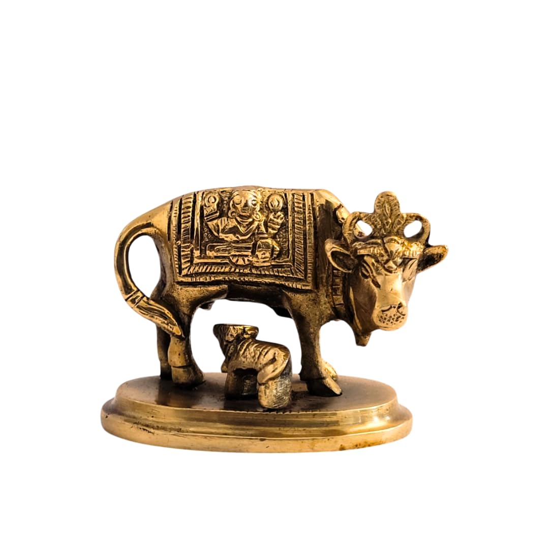 Dhatu Tattva 100% Pure Brass Kamdhenu Cow Idol (8x5.5x6 cm, 320g) | Divine Nandi Cow & Calf Murti for Home Temple & Puja | Vastu Brass Statue for Wealth & Prosperity | Spiritual Decor & Gifting