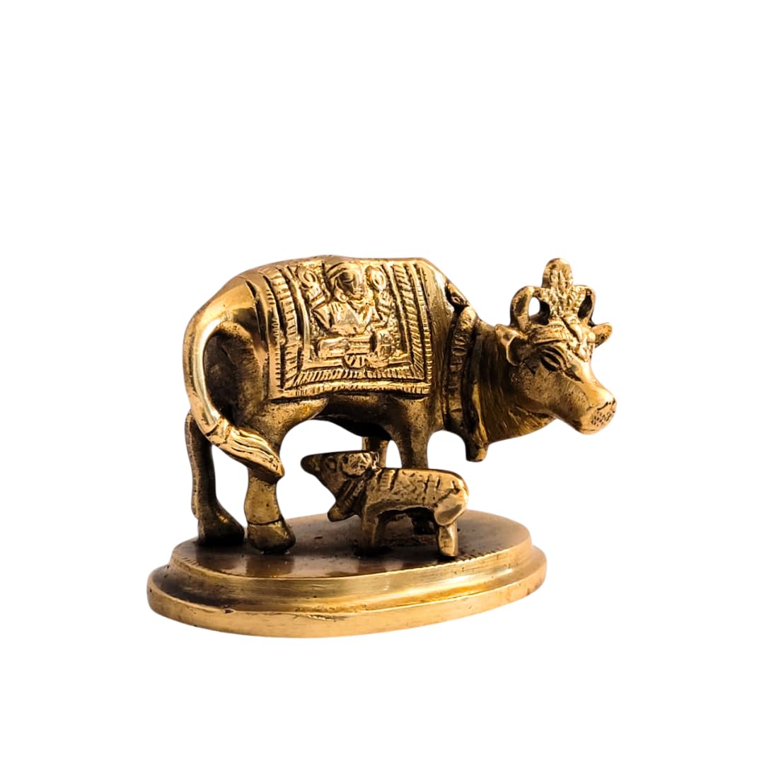 Dhatu Tattva 100% Pure Brass Kamdhenu Cow Idol (8x5.5x6 cm, 320g) | Divine Nandi Cow & Calf Murti for Home Temple & Puja | Vastu Brass Statue for Wealth & Prosperity | Spiritual Decor & Gifting