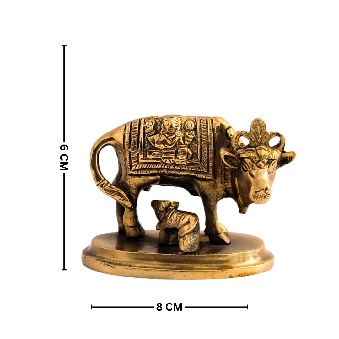 Dhatu Tattva 100% Pure Brass Kamdhenu Cow Idol (8x5.5x6 cm, 320g) | Divine Nandi Cow & Calf Murti for Home Temple & Puja | Vastu Brass Statue for Wealth & Prosperity | Spiritual Decor & Gifting