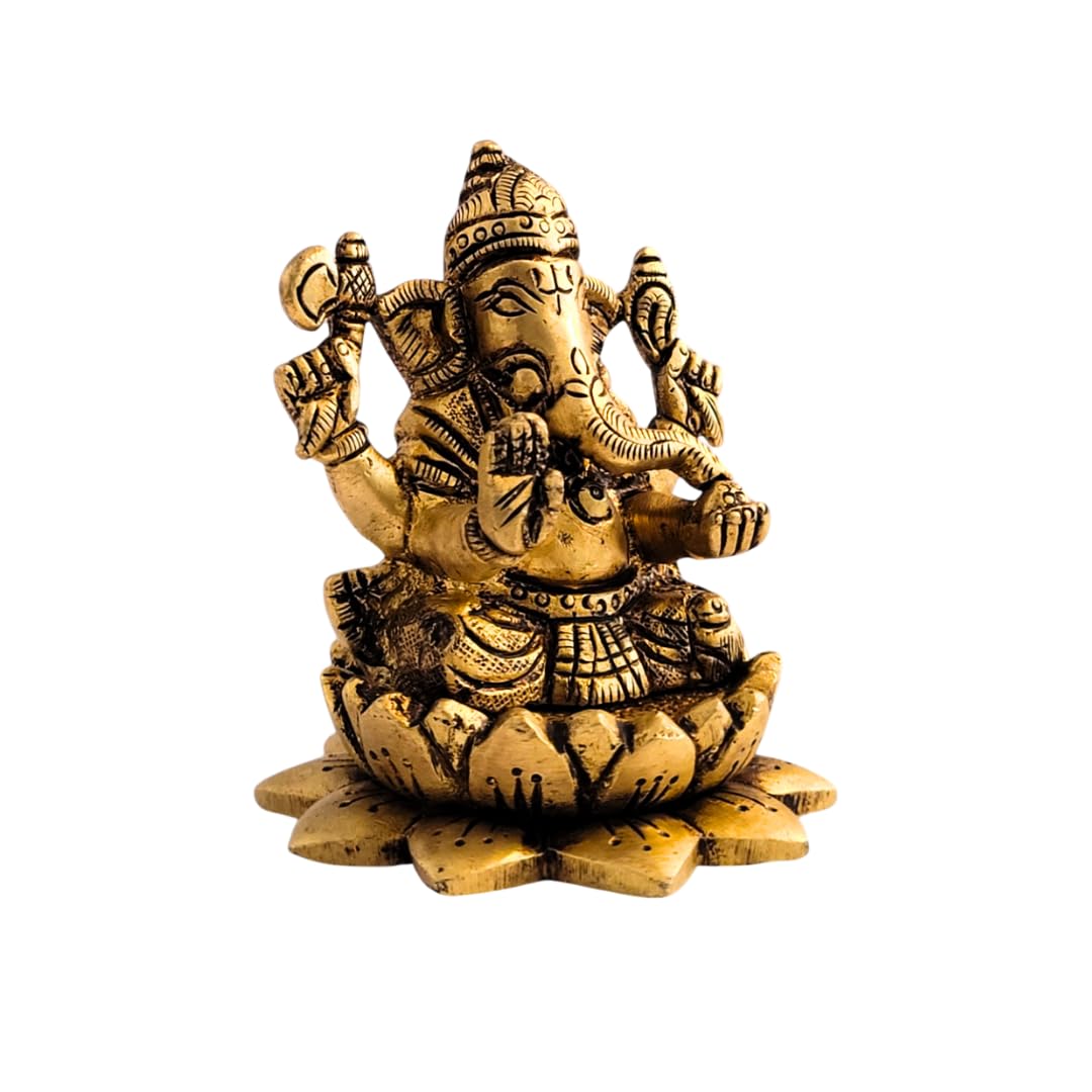 Dhatu Tattva 100% Pure Brass Ganesh Ji Idol | Ganpati Murti for Home Temple, Office, Car Dashboard & Gift | Vastu & Feng Shui Ganesh Statue | Hindu God Idol for Prosperity & Success (7x7x8 cm, 425g)