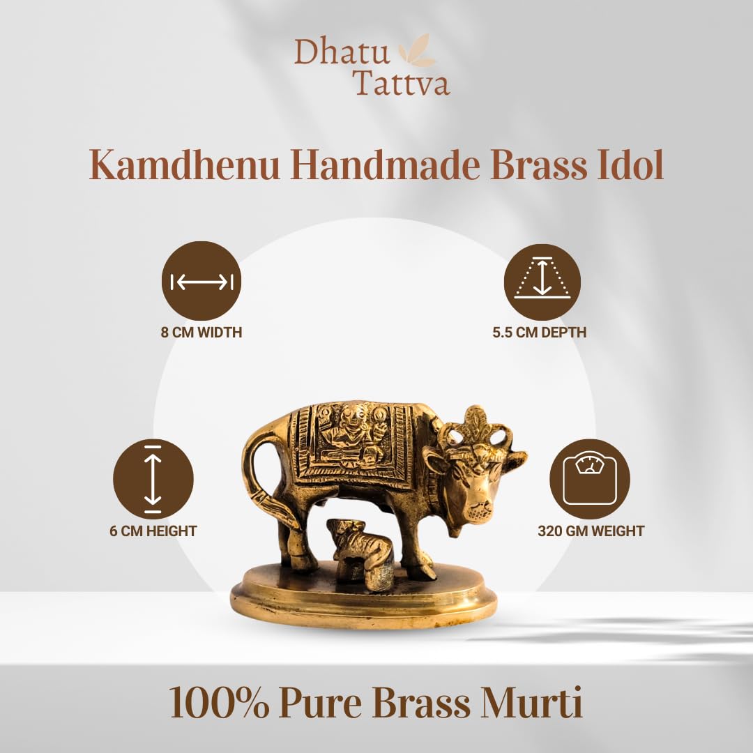 Dhatu Tattva 100% Pure Brass Kamdhenu Cow Idol (8x5.5x6 cm, 320g) | Divine Nandi Cow & Calf Murti for Home Temple & Puja | Vastu Brass Statue for Wealth & Prosperity | Spiritual Decor & Gifting