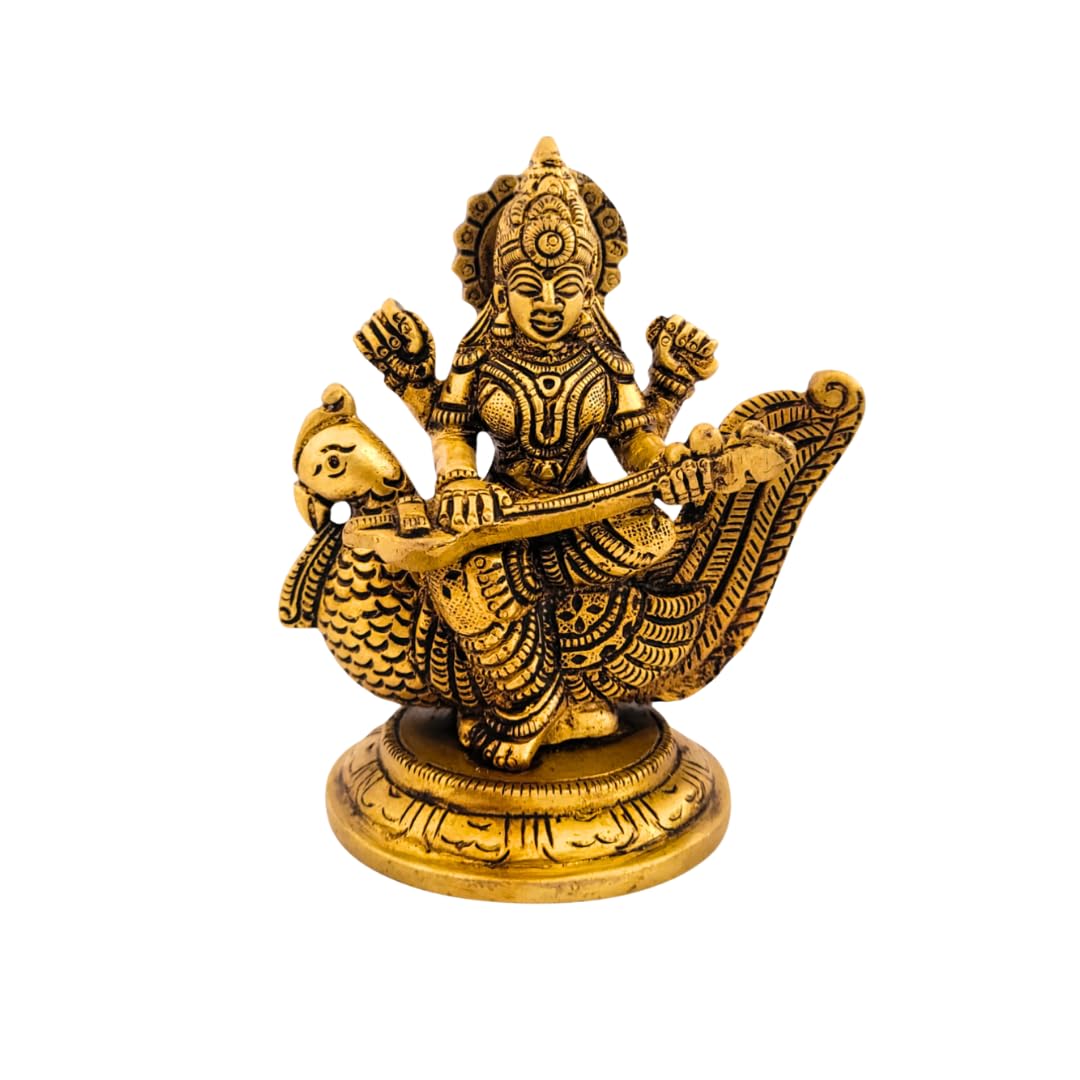 Dhatu Tattva 100% Pure Brass Saraswati Maa Idol – Handcrafted Goddess Saraswati Murti for Home Temple, Study Room & Office Desk – Vastu & Puja Decor (9cm x 7cm x 11cm)