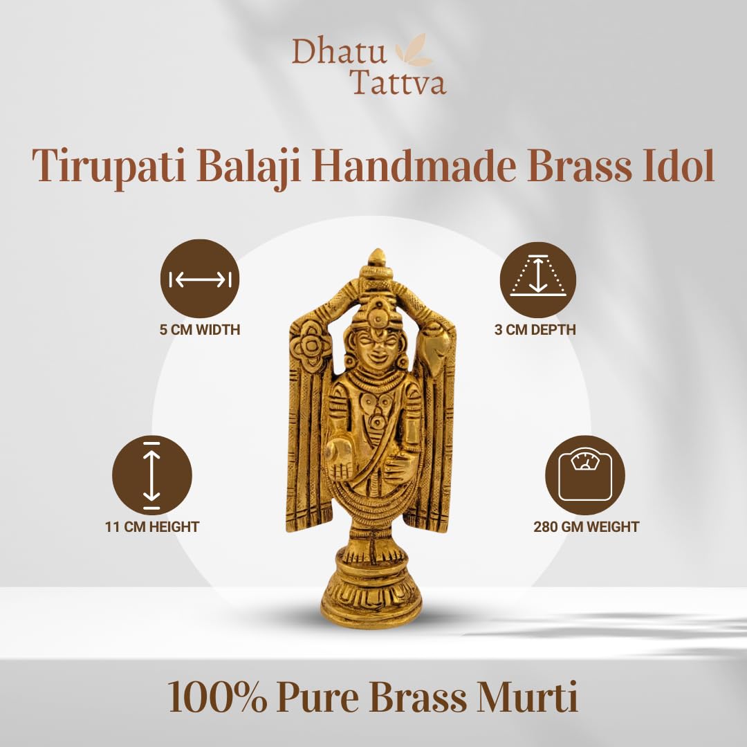 Dhatu Tattva Balaji 100% Pure Brass Murti Idol | Balaji Statue for Home & Temple | Lord Balaji Murti for Puja, Office Desk & Gift | Handcrafted Brass God Idol for Vastu & Mandir