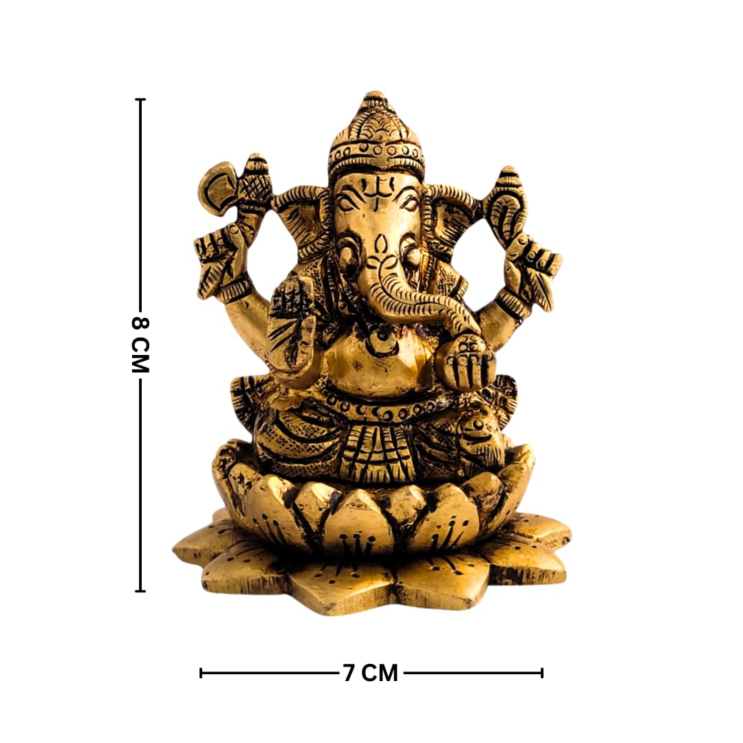 Dhatu Tattva 100% Pure Brass Ganesh Ji Idol | Ganpati Murti for Home Temple, Office, Car Dashboard & Gift | Vastu & Feng Shui Ganesh Statue | Hindu God Idol for Prosperity & Success (7x7x8 cm, 425g)