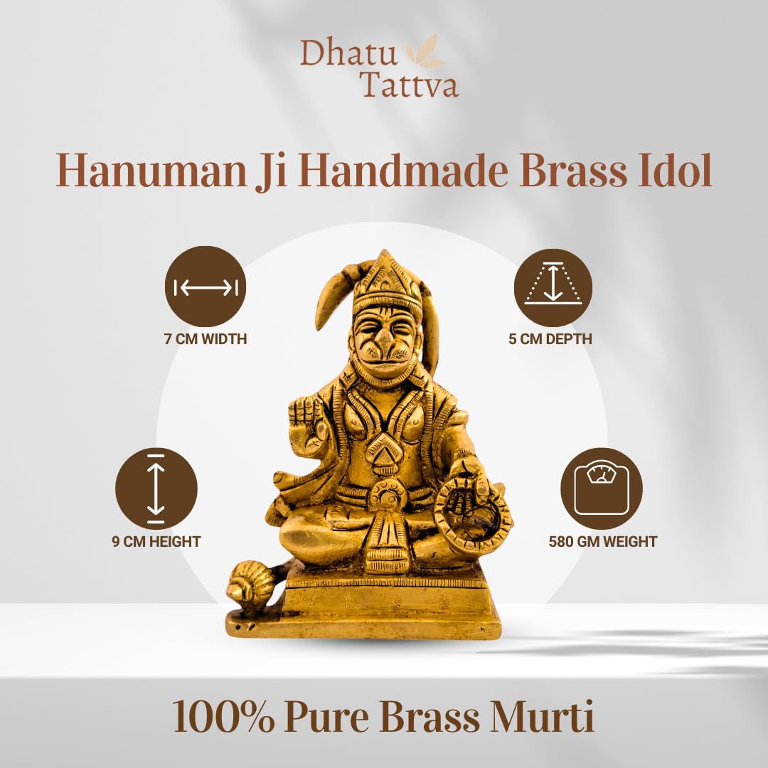 Dhatu Tattva 100% Pure Brass Hanuman Ji Idol (7x5x9 cm) | Bajrangbali Murti for Home Temple & Puja | Hanuman Statue for Office & Vastu | Divine Hindu God Idol for Spiritual Décor & Gifting