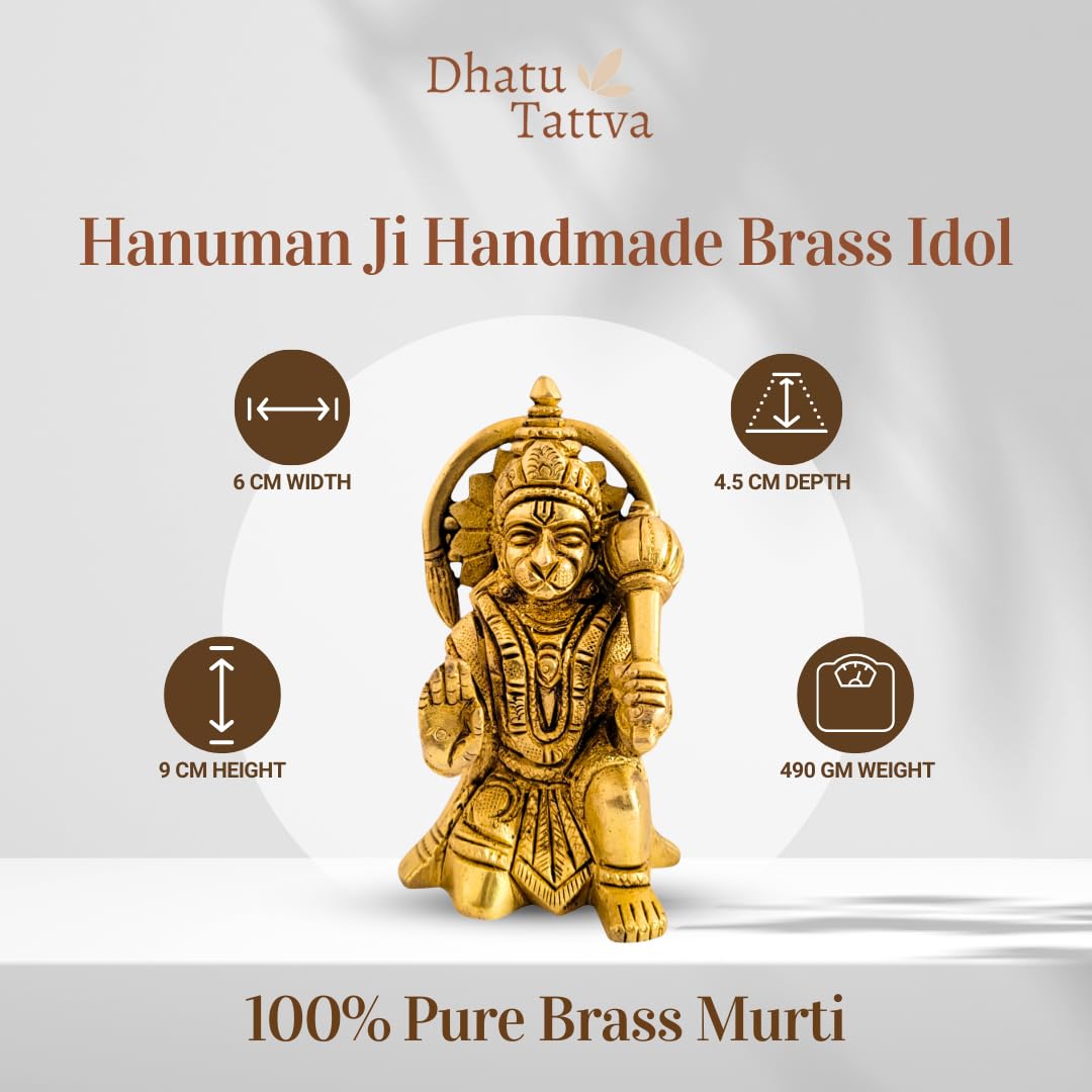 Dhatu Tattva 100% Pure Brass Hanuman Ji Idol (6x4.5x9 cm, 490g) | Bajrangbali Murti for Home Temple & Puja | Hanuman Statue for Office & Vastu | Divine Hindu God Idol for Spiritual Décor & Gifting