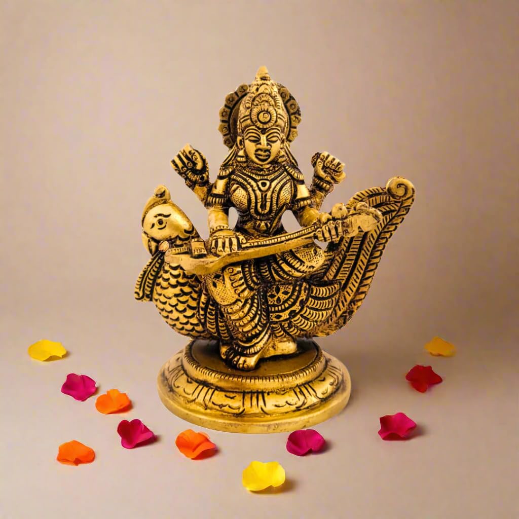 Dhatu Tattva 100% Pure Brass Saraswati Maa Idol – Handcrafted Goddess Saraswati Murti for Home Temple, Study Room & Office Desk – Vastu & Puja Decor (9cm x 7cm x 11cm)