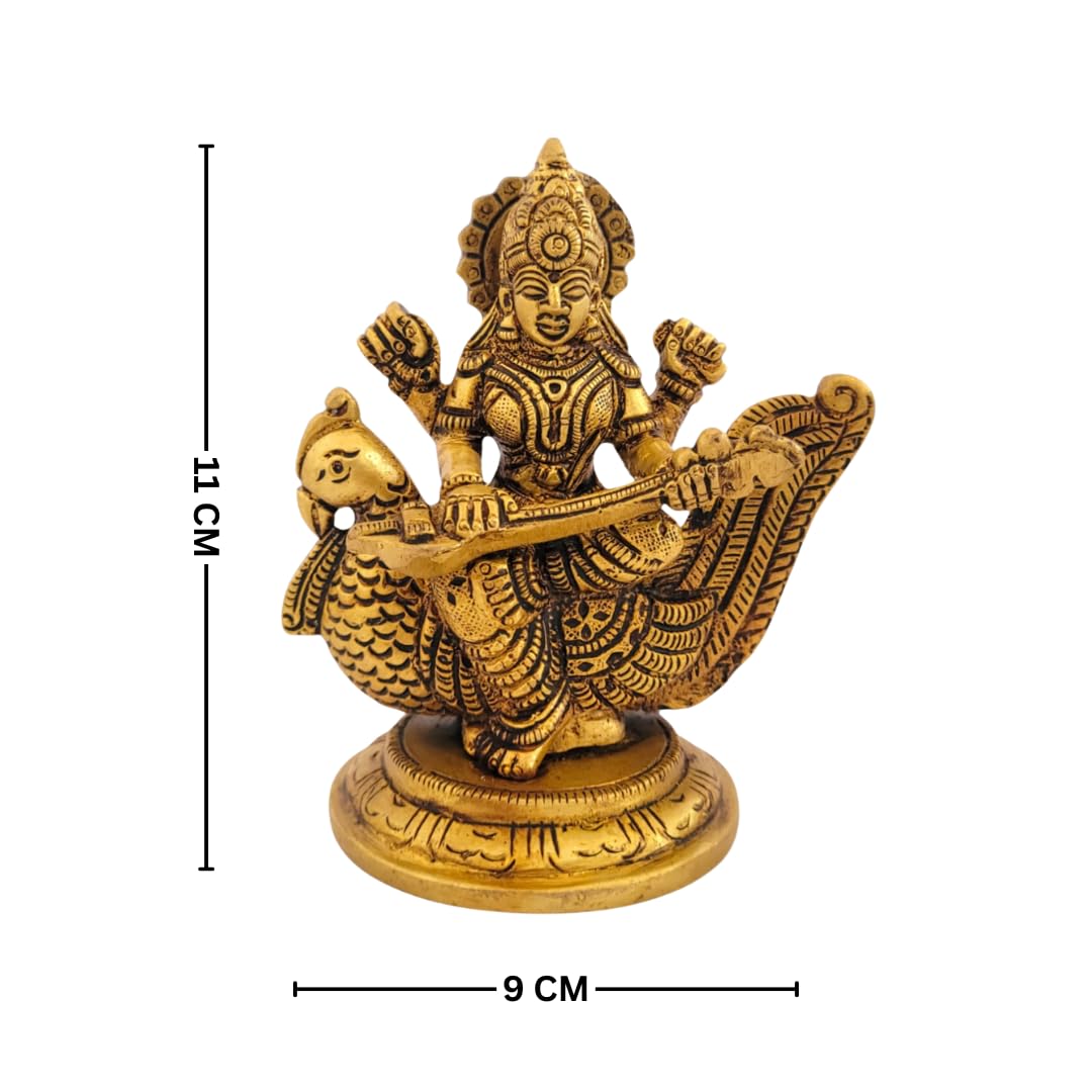 Dhatu Tattva 100% Pure Brass Saraswati Maa Idol – Handcrafted Goddess Saraswati Murti for Home Temple, Study Room & Office Desk – Vastu & Puja Decor (9cm x 7cm x 11cm)