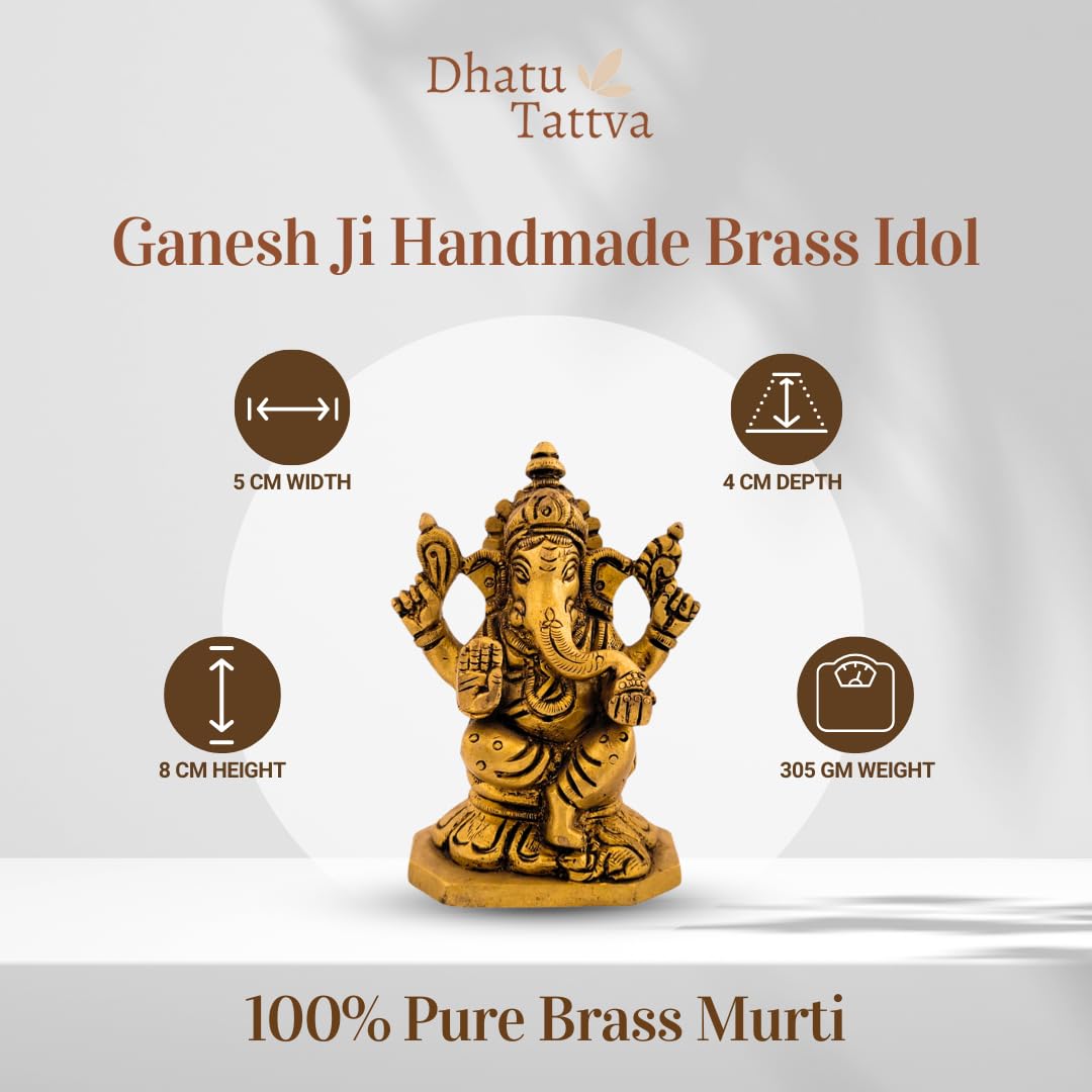 Dhatu Tattva 100% Pure Brass Ganesh Ji Idol 8 cm | Lord Ganesha Murti for Home & Office | Ganpati Bappa Statue for Mandir & Puja | Ganesh Idol for Gift & Home Décor