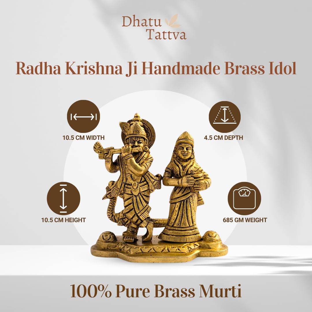 Dhatu Tattva 100% Pure Brass Radha Krishna Idol | Divine Brass Murti for Home Temple & Puja | Radha Krishna Statue for Office & Spiritual Decor | Hindu God Idol for Gifting & Vastu