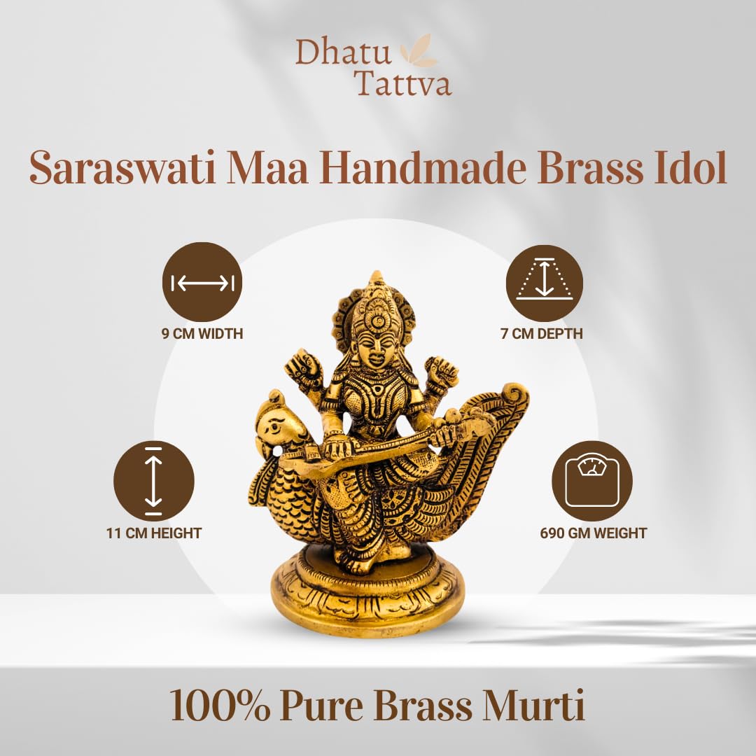 Dhatu Tattva 100% Pure Brass Saraswati Maa Idol – Handcrafted Goddess Saraswati Murti for Home Temple, Study Room & Office Desk – Vastu & Puja Decor (9cm x 7cm x 11cm)