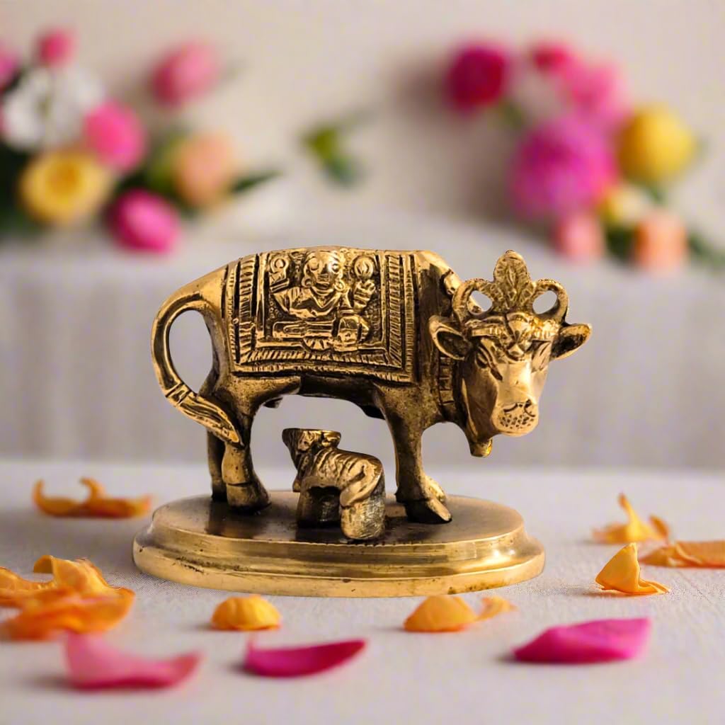 Dhatu Tattva 100% Pure Brass Kamdhenu Cow Idol (8x5.5x6 cm, 320g) | Divine Nandi Cow & Calf Murti for Home Temple & Puja | Vastu Brass Statue for Wealth & Prosperity | Spiritual Decor & Gifting