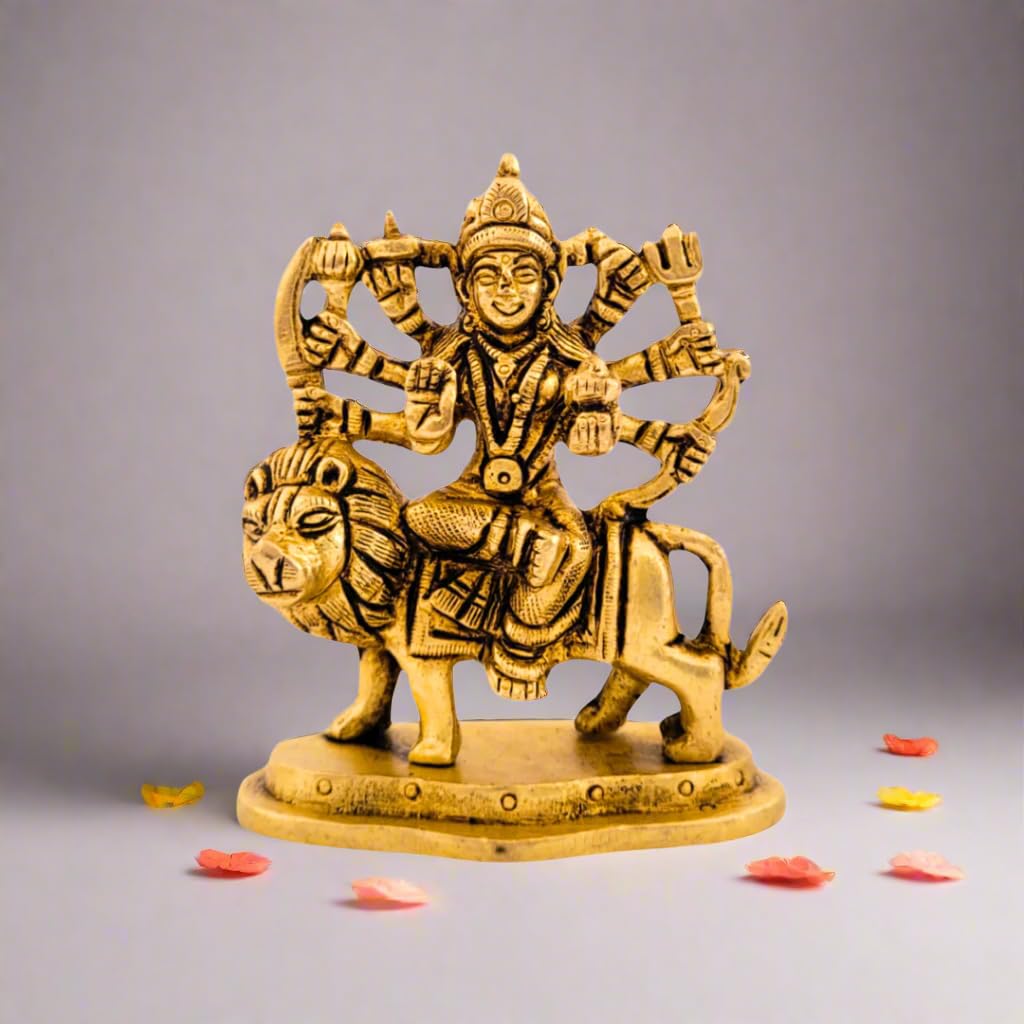 Dhatu Tattva 100% Pure Brass Durga Maa Idol (Size: 7.5 x 4 x 9 cm) | Sherawali MATA Murti for Home Temple & Puja Room | Maa Durga Idol for Office & Gifting | Vastu & Feng Shui Spiritual Decor