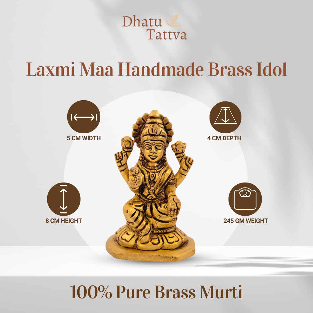 Dhatu Tattva 100% Pure Brass Laxmi Maa Idol – Handcrafted Goddess Laxmi Murti for Home Temple, Wealth & Prosperity – Vastu & Puja Decor (5cm x 4cm x 8cm)