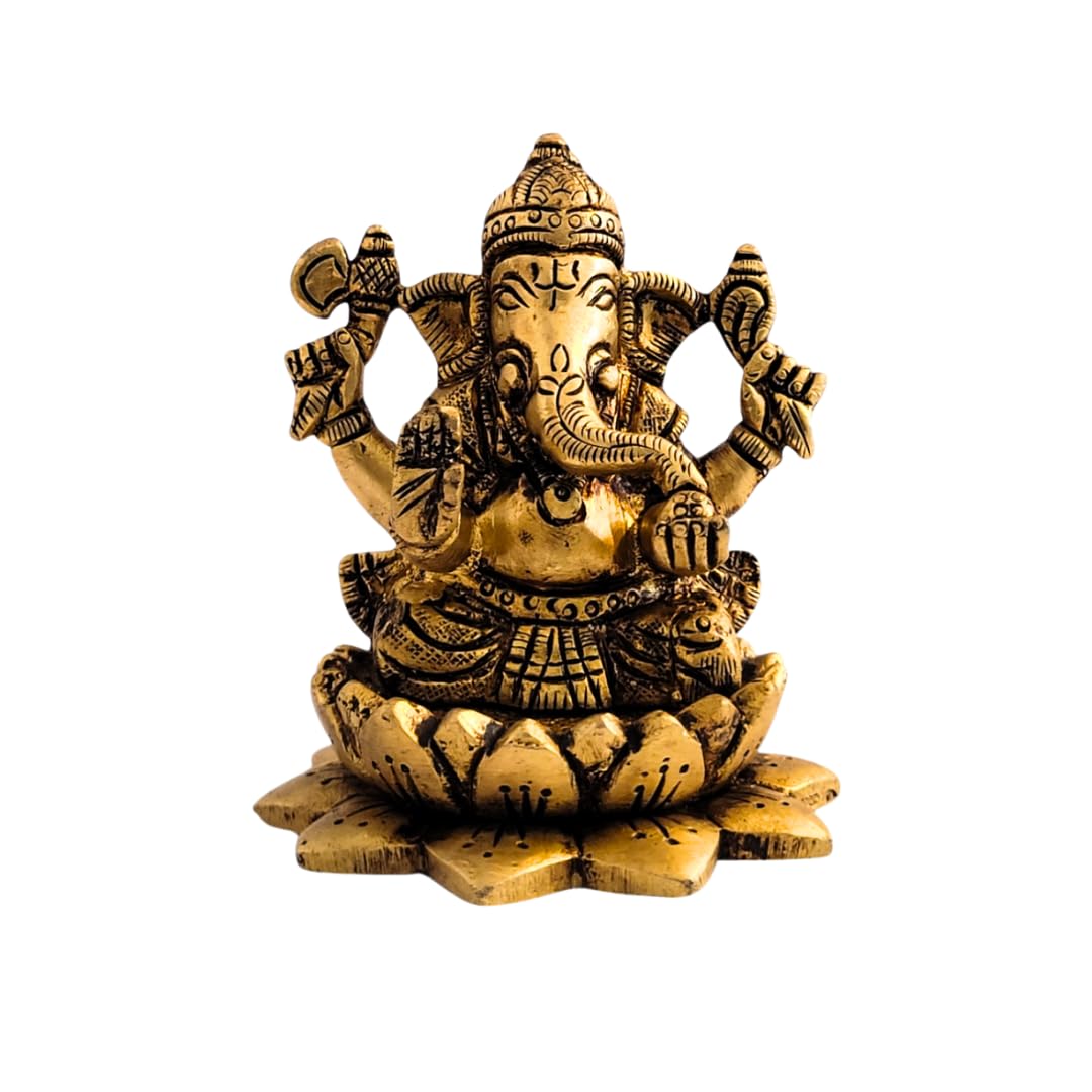 Dhatu Tattva 100% Pure Brass Ganesh Ji Idol | Ganpati Murti for Home Temple, Office, Car Dashboard & Gift | Vastu & Feng Shui Ganesh Statue | Hindu God Idol for Prosperity & Success (7x7x8 cm, 425g)